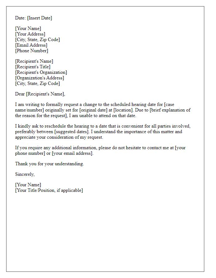 Letter template of Formal Request for Hearing Date Change