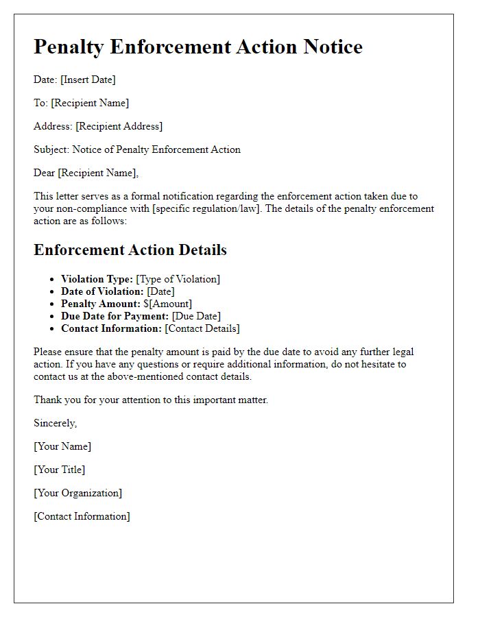 Letter template of penalty enforcement enforcement action details.