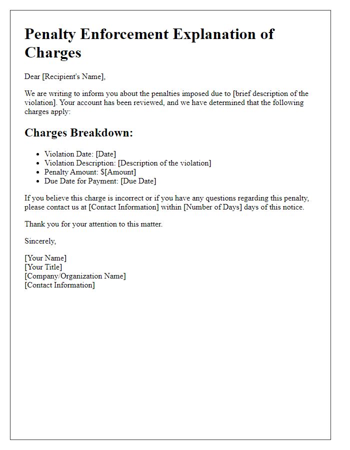 Letter template of penalty enforcement explanation of charges.