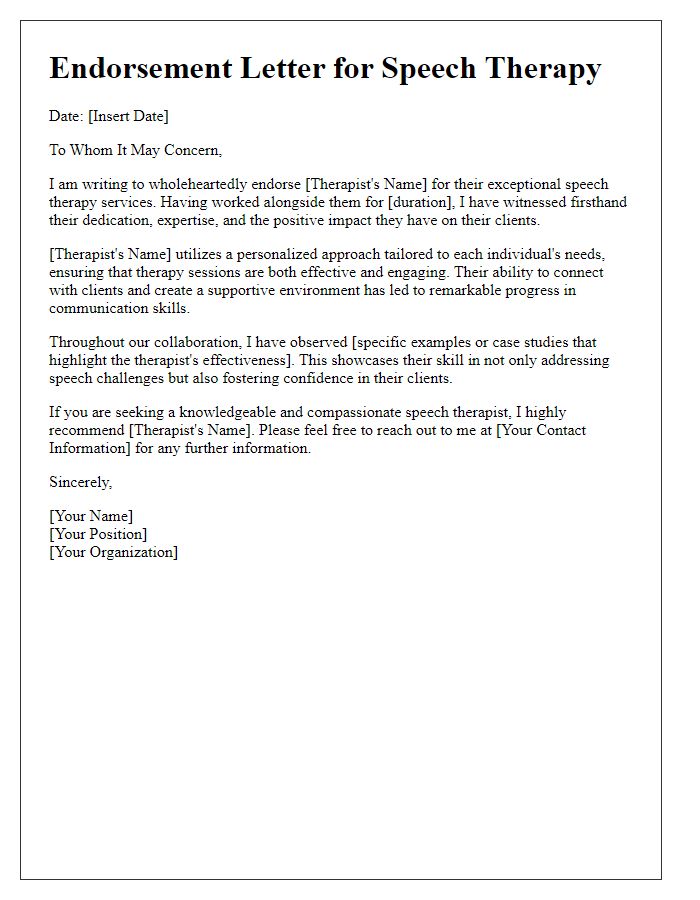 Letter template of personalized speech therapy endorsement.