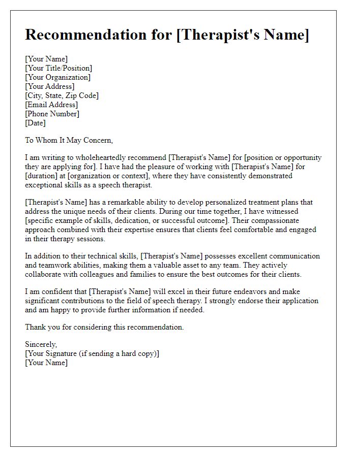 Letter template of professional speech therapist recommendation.