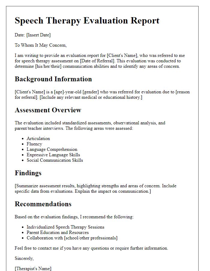 Letter template of speech therapist evaluation letter.