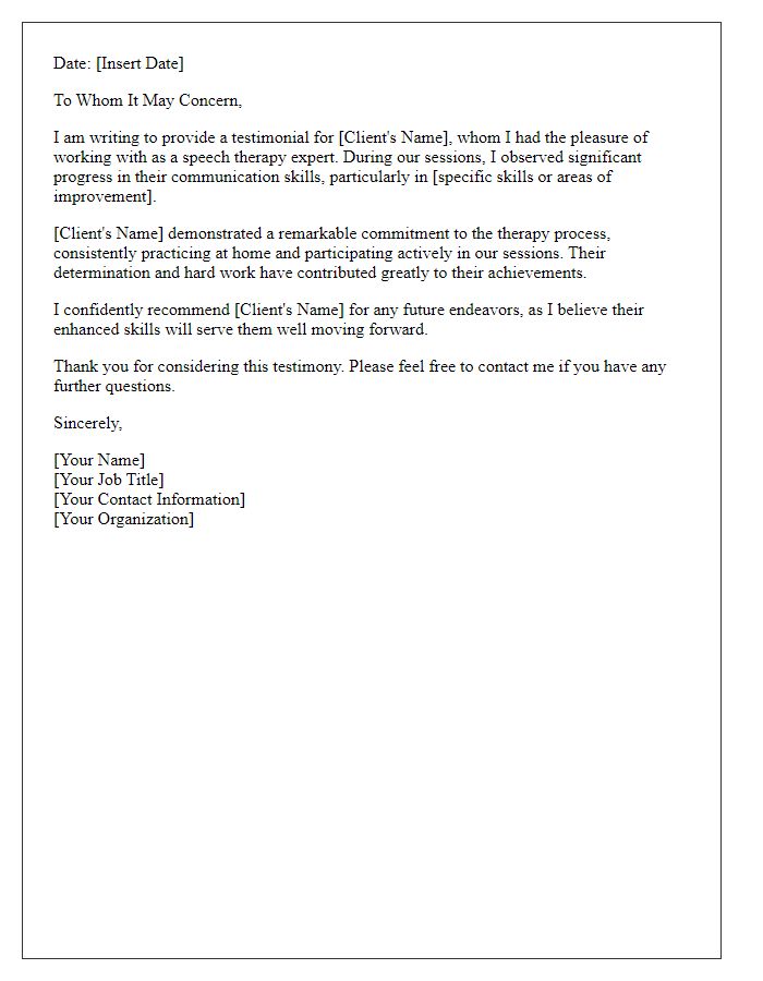 Letter template of speech therapy expert testimonial.