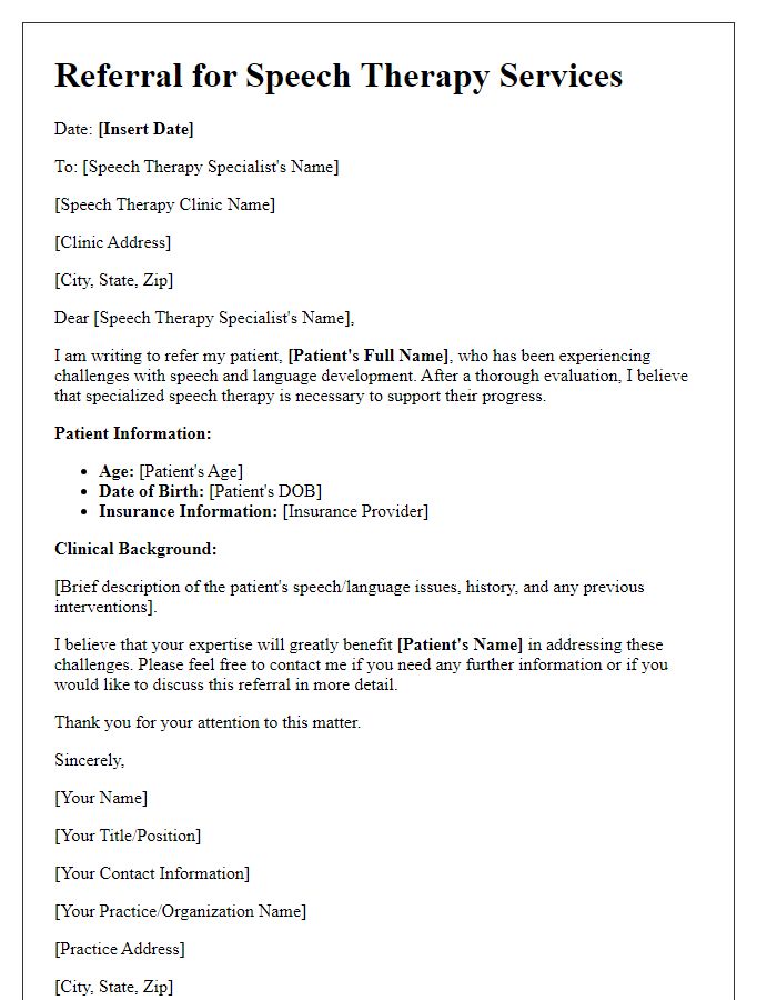 Letter template of speech therapy specialist referral.