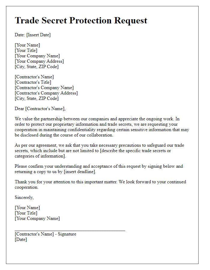 Letter template of trade secret protection request for contractors.