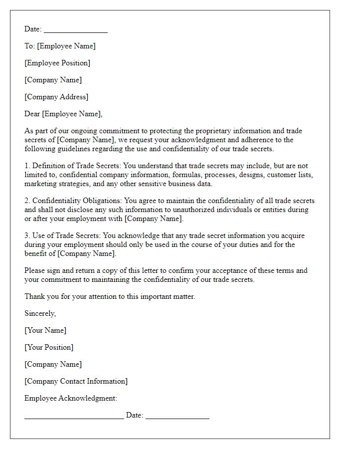 Letter template of trade secret protection request for employees.