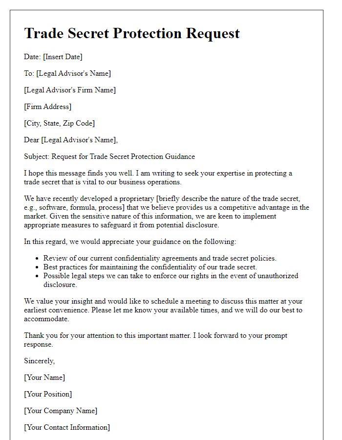 Letter template of trade secret protection request for legal advisors.