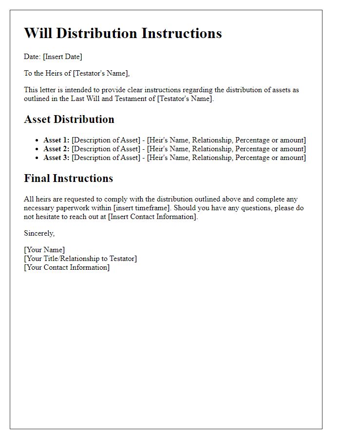 Letter template of will distribution instructions for heirs