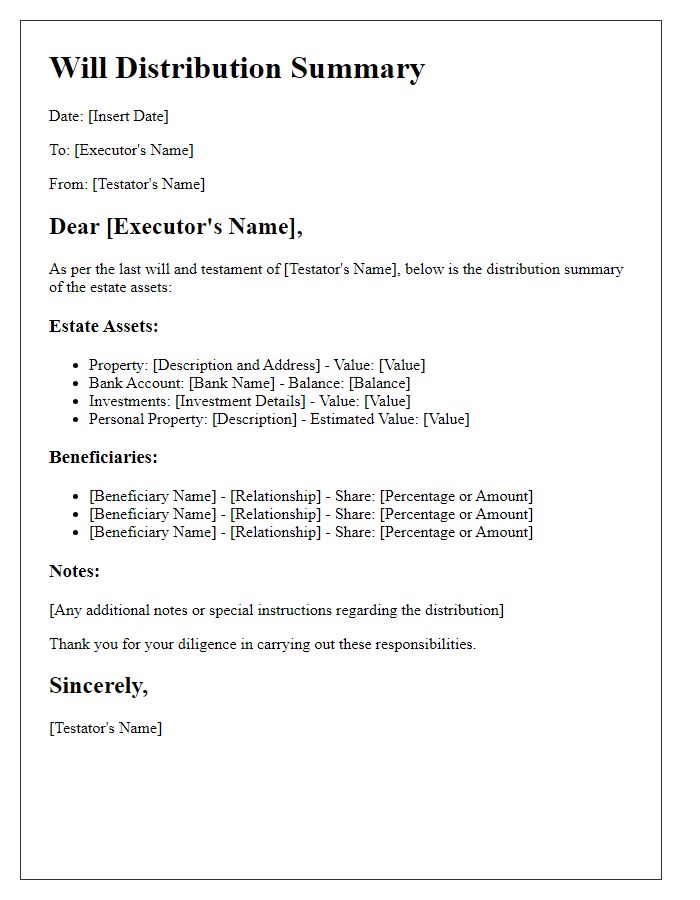 Letter template of will distribution summary for estate executors