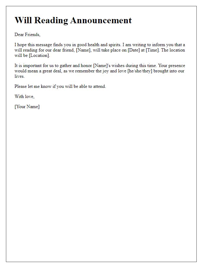 Letter template of will reading announcement for close friends