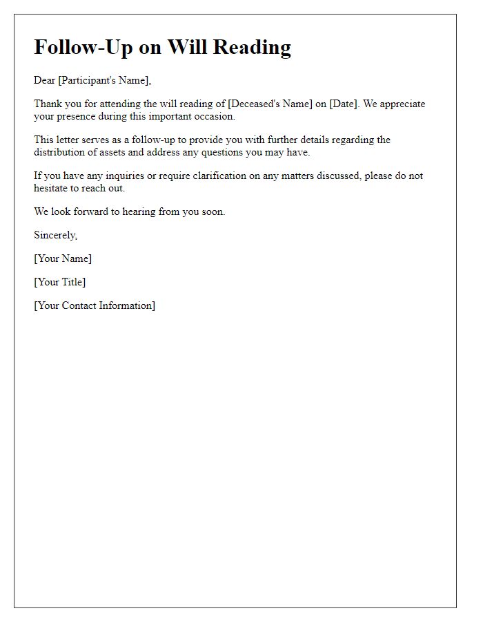 Letter template of will reading follow-up for participants