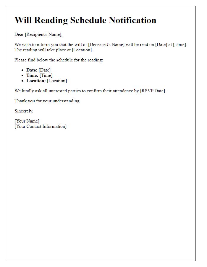 Letter template of will reading schedule for all interested parties