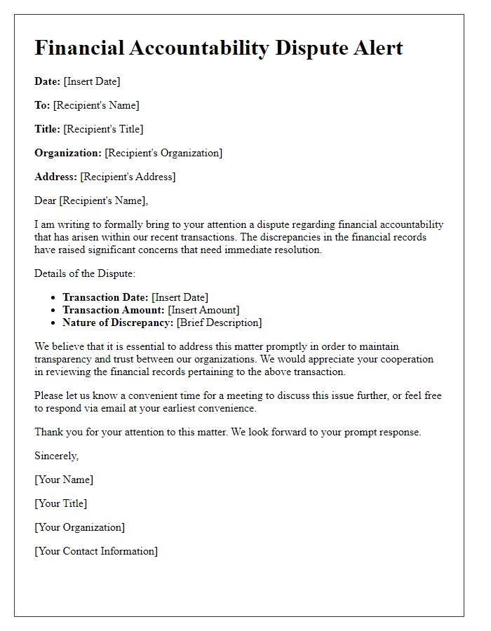 Letter template of Financial Accountability Dispute Alert