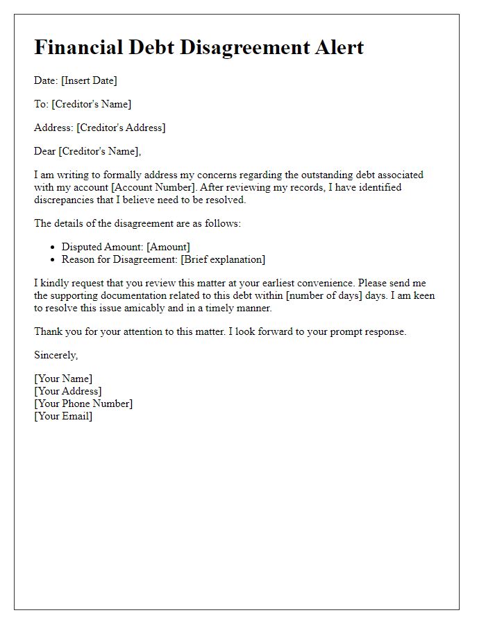 Letter template of Financial Debt Disagreement Alert