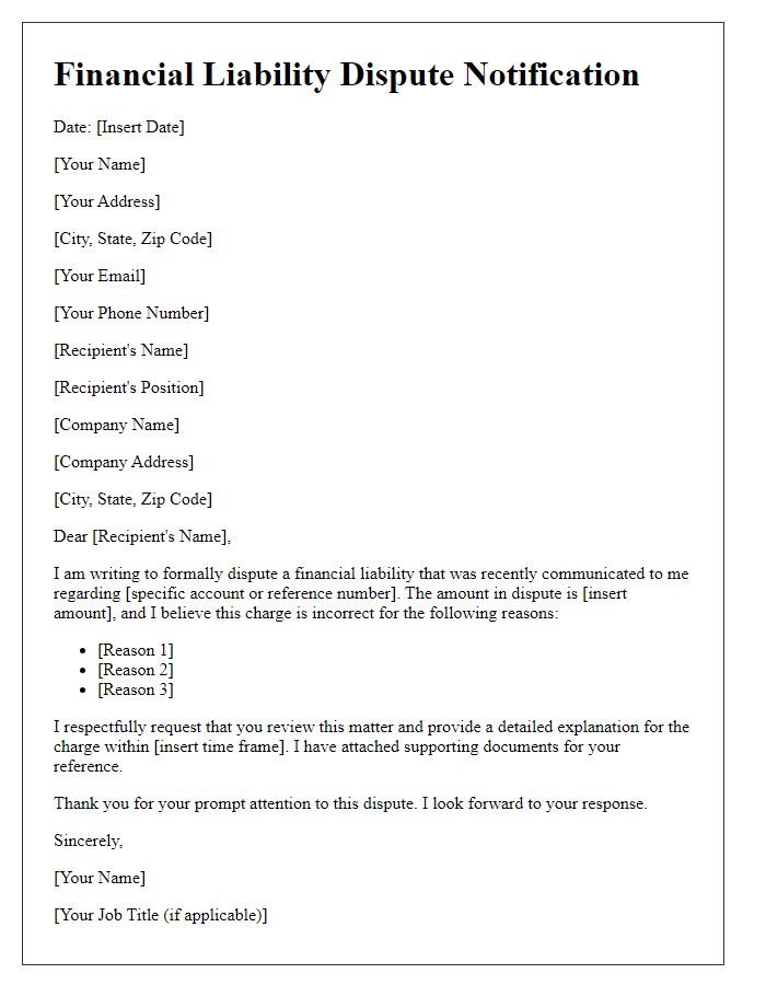 Letter template of Financial Liability Dispute Notification