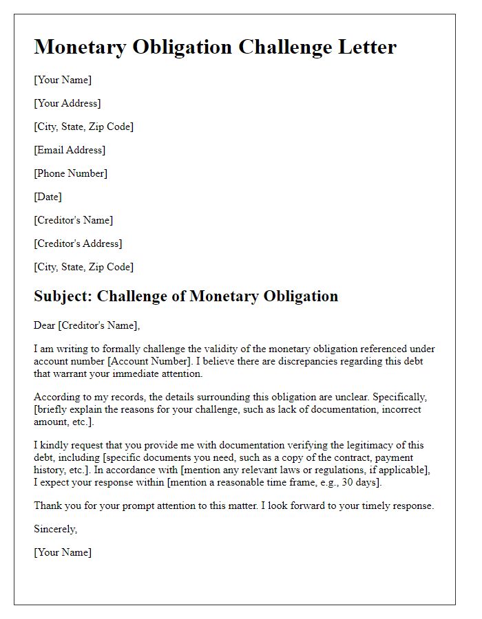 Letter template of Monetary Obligation Challenge Letter