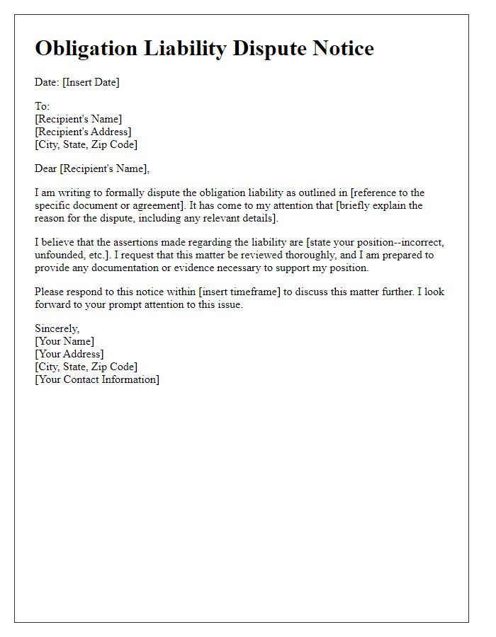 Letter template of Obligation Liability Dispute Notice