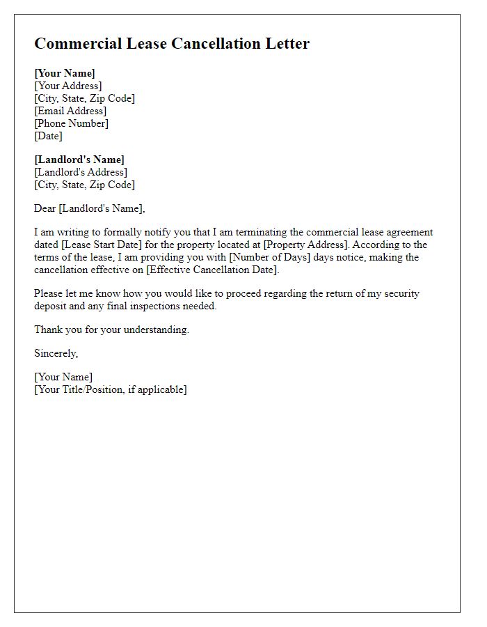 Letter template of Commercial Lease Cancellation