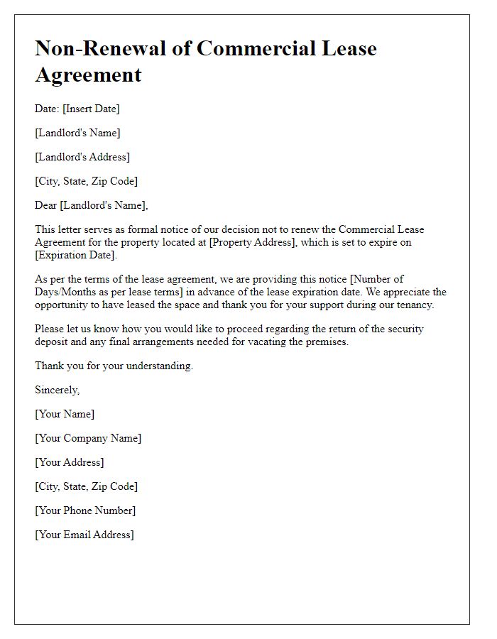 Letter template of Non-Renewal of Commercial Lease Agreement