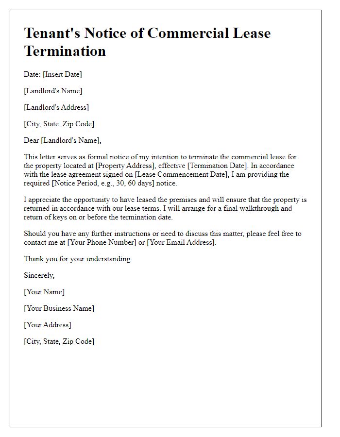 Letter template of Tenant's Notice of Commercial Lease Termination