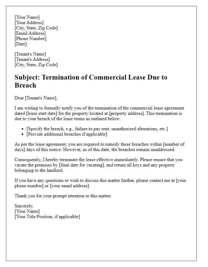 Letter template of Termination of Commercial Lease Due to Breach