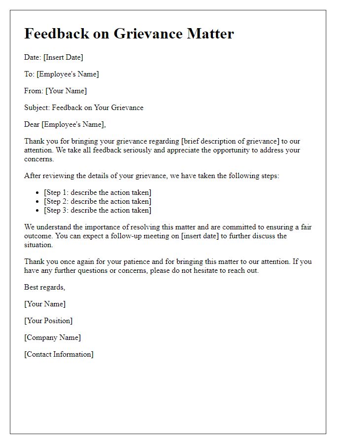 Letter template of feedback on grievance matter