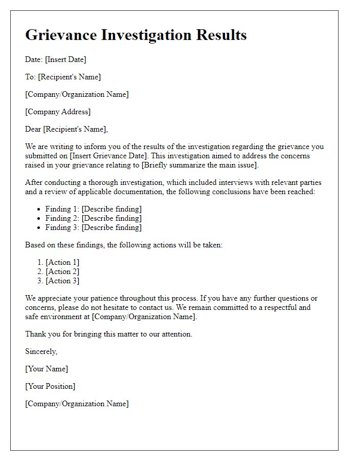 Letter template of grievance investigation results
