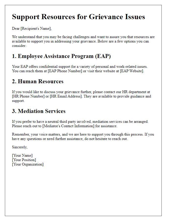 Letter template of support resources for grievance issues