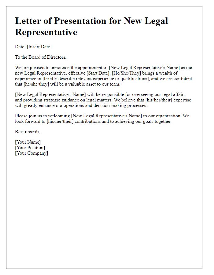 Letter template of presenting a new legal representative to the board.