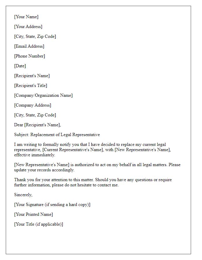 Letter template of replacing the current legal representative with a new one.