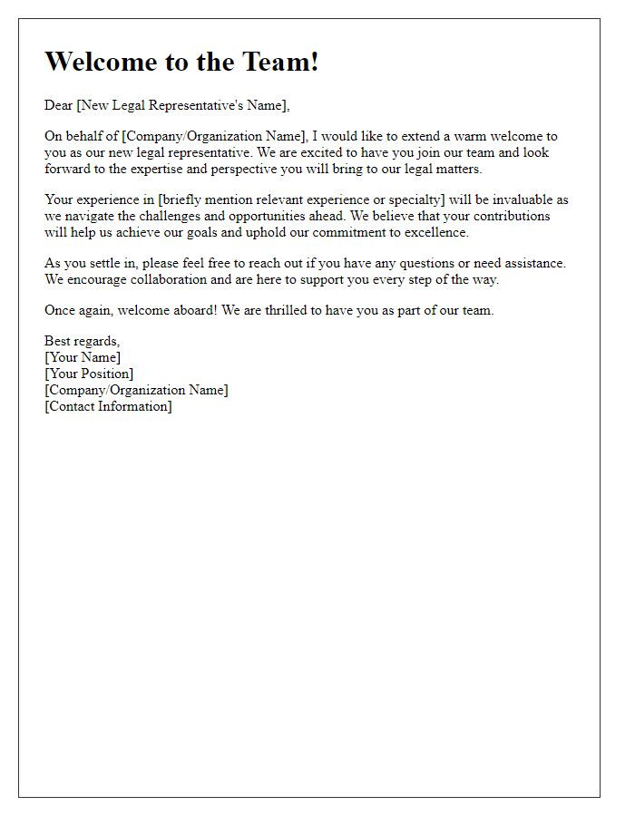 Letter template of welcoming a new legal representative to the team.