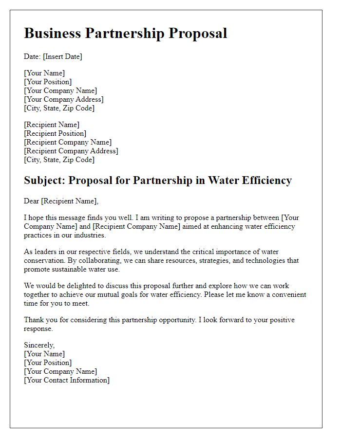 Letter template of business partnership for water efficiency