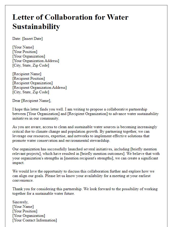 Letter template of non-profit collaboration for water sustainability