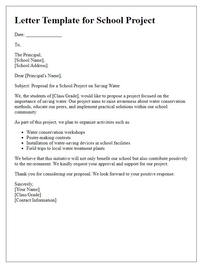 Letter template of school project on saving water