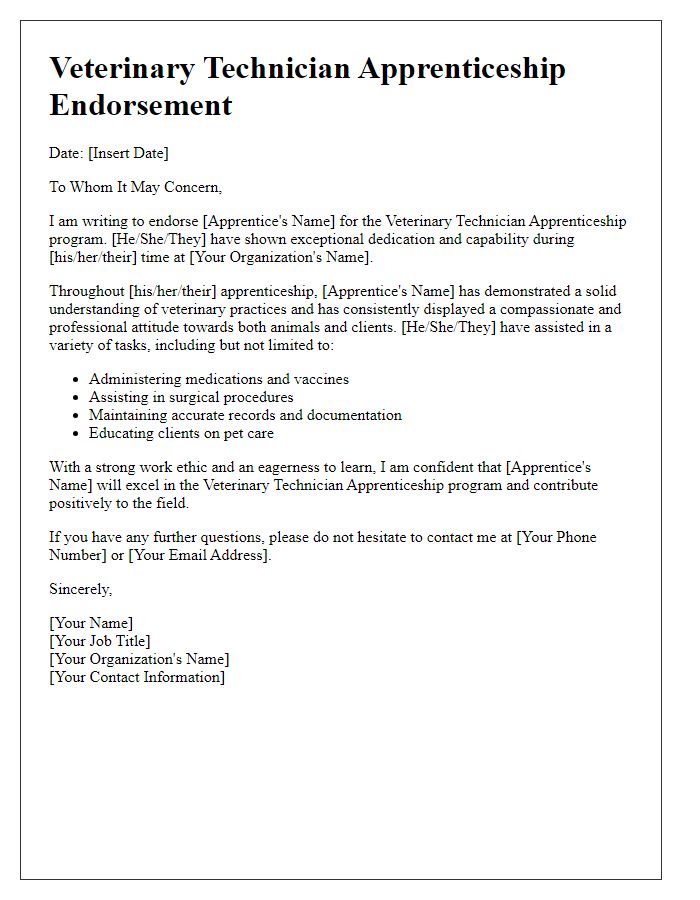 Letter template of veterinary technician apprenticeship endorsement.