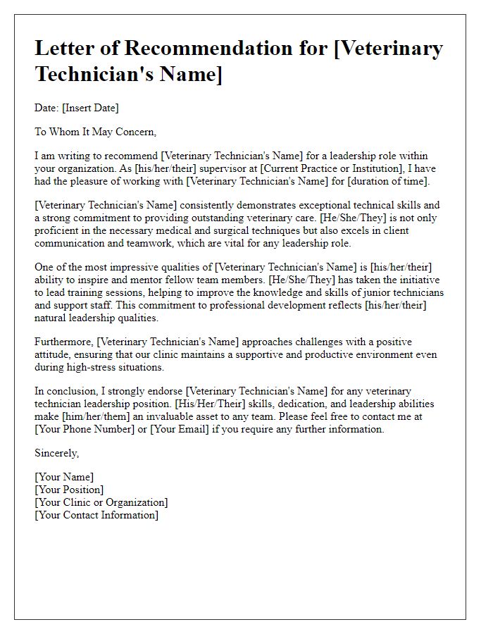 Letter template of veterinary technician leadership recommendation.