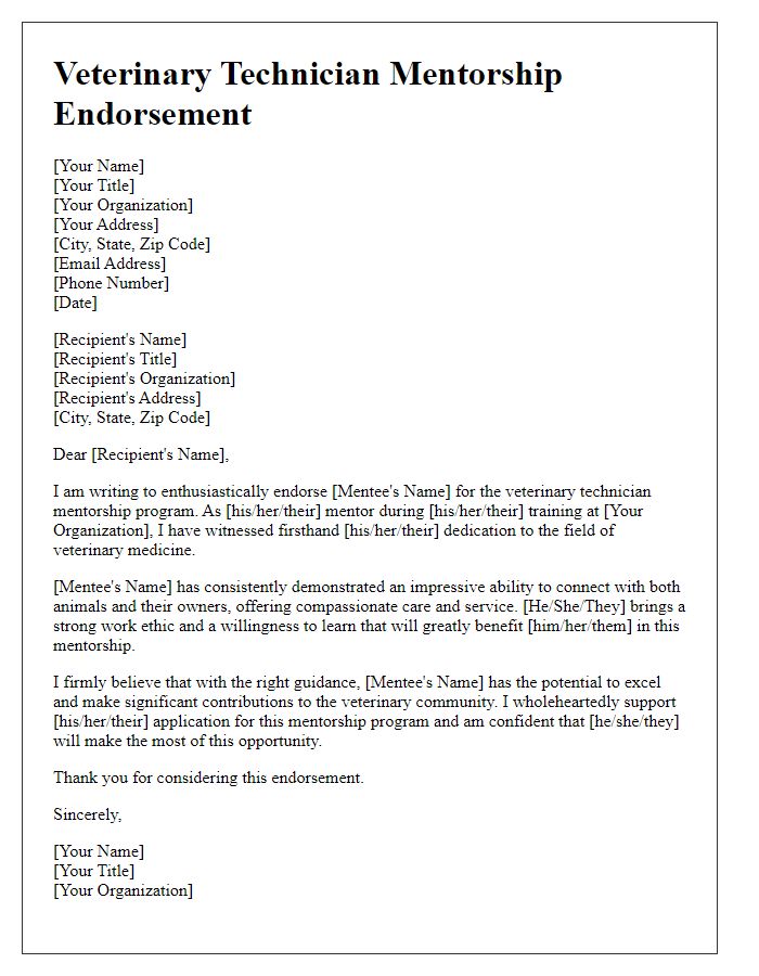 Letter template of veterinary technician mentorship endorsement.