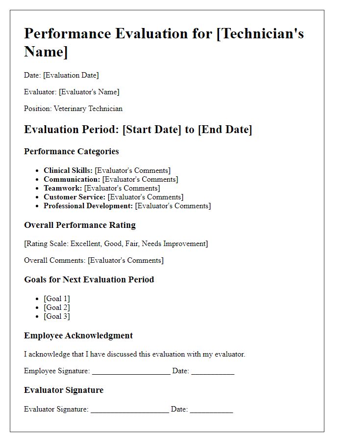 Letter template of veterinary technician performance evaluation.