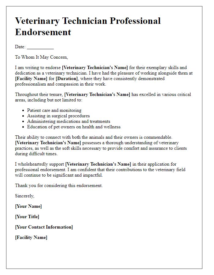 Letter template of veterinary technician professional endorsement.