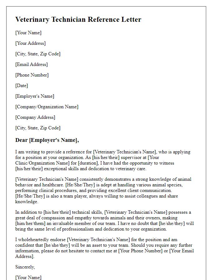 Letter template of veterinary technician reference for a job application.