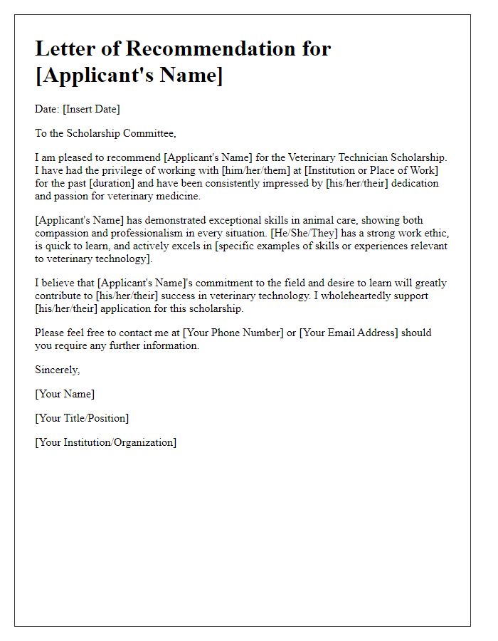 Letter template of veterinary technician scholarship recommendation.