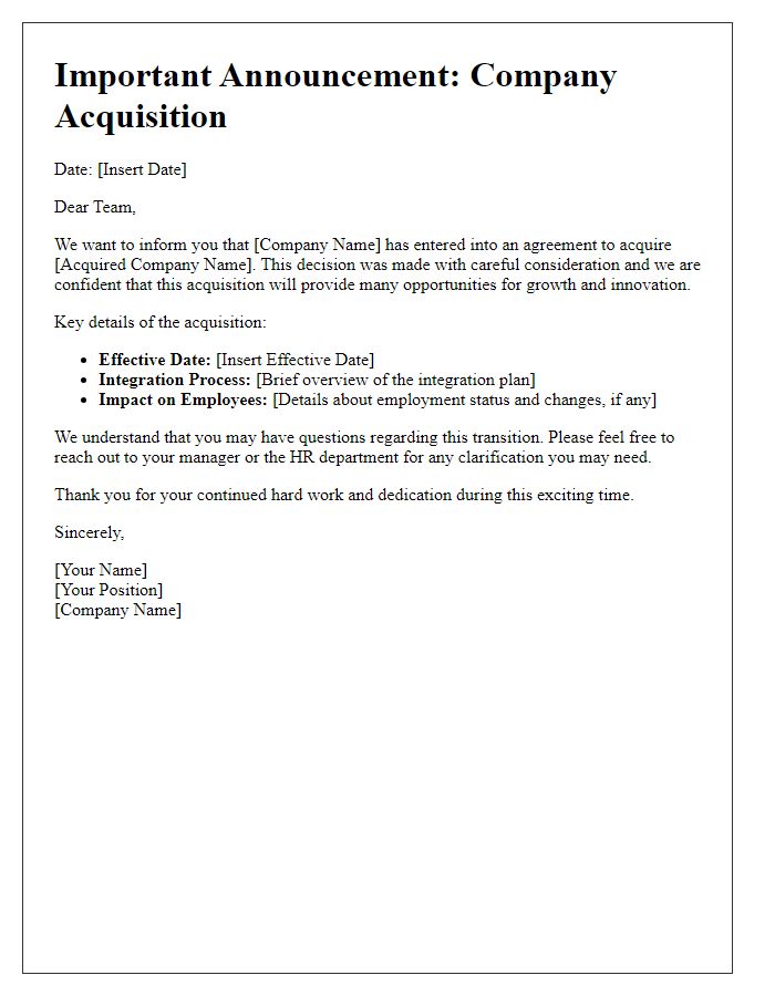 Letter template of acquisition notification to employees