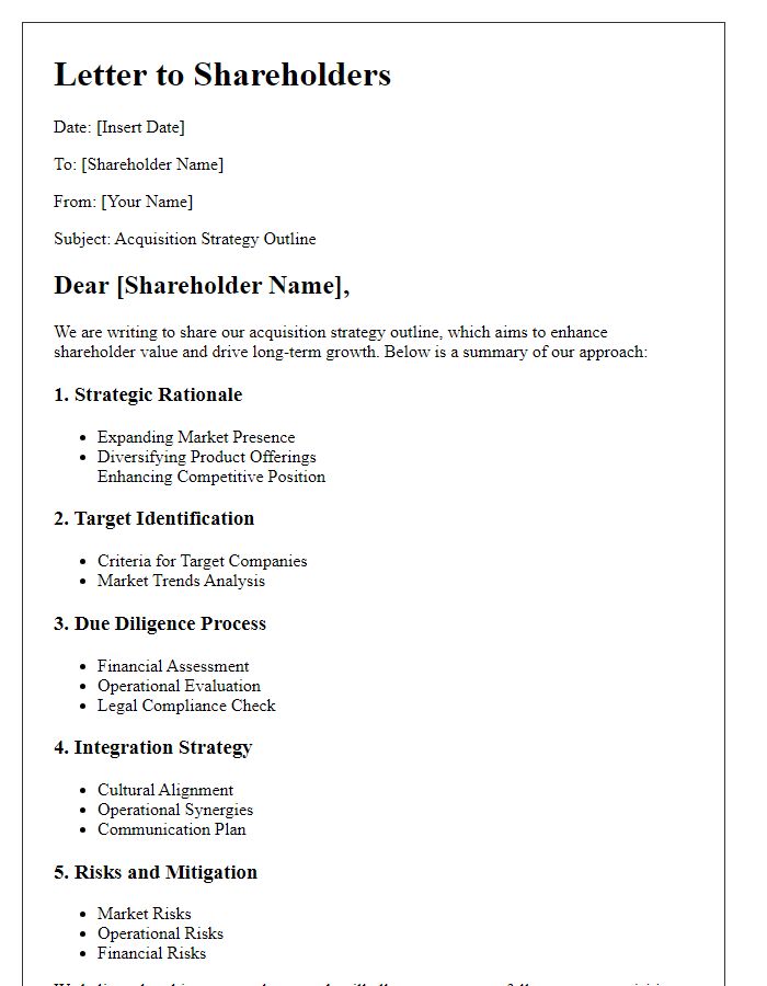 Letter template of acquisition strategy outline for shareholders