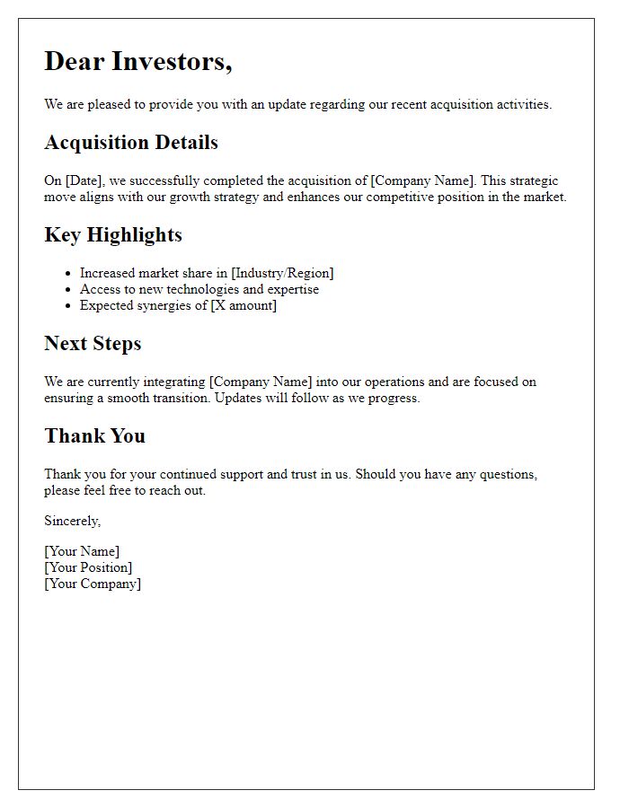 Letter template of acquisition update for investors