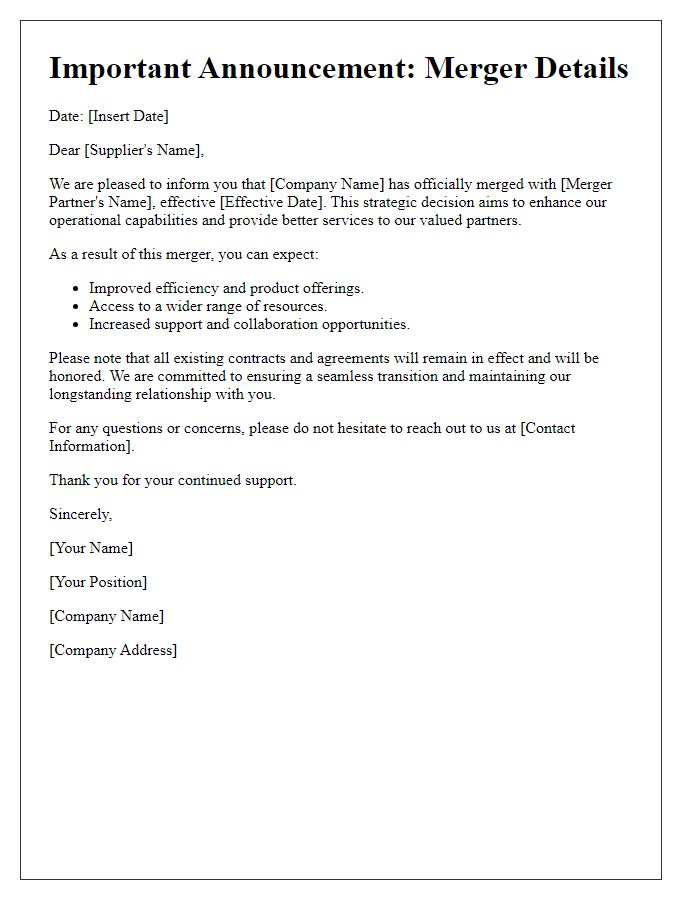 Letter template of merger details for suppliers