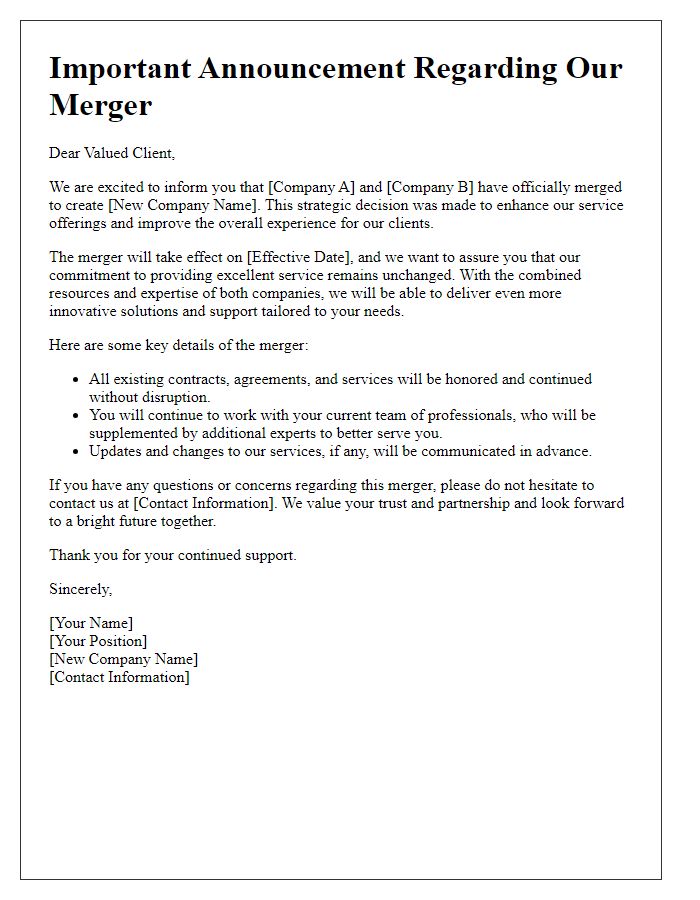 Letter template of merger information for clients