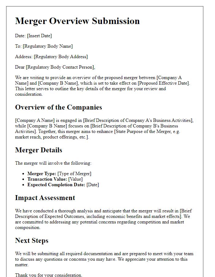 Letter template of merger overview for regulatory bodies