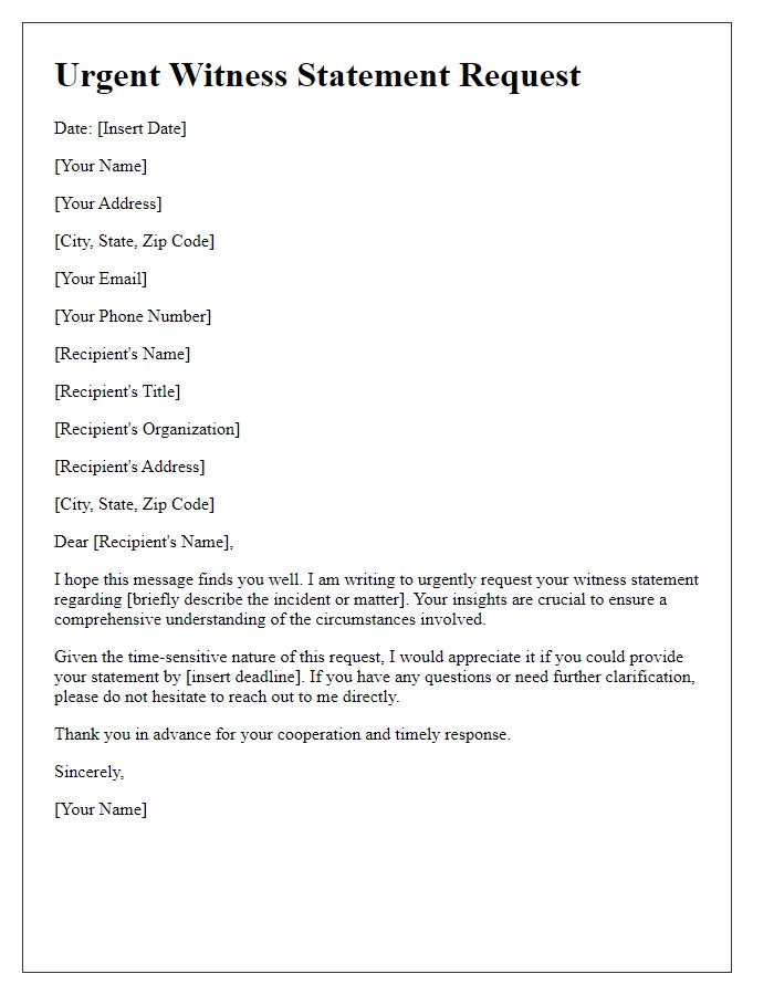 Letter template of urgent witness statement request