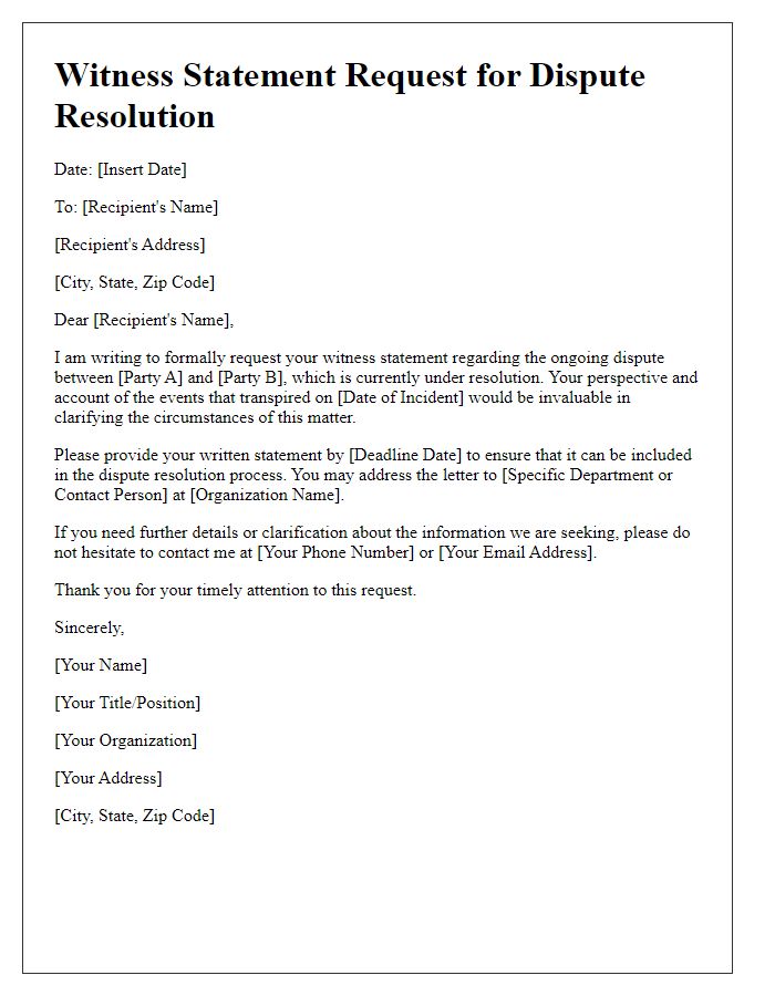 Letter template of witness statement request for dispute resolution