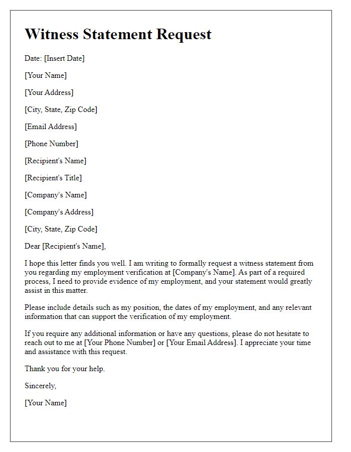 Letter template of witness statement request for employment verification